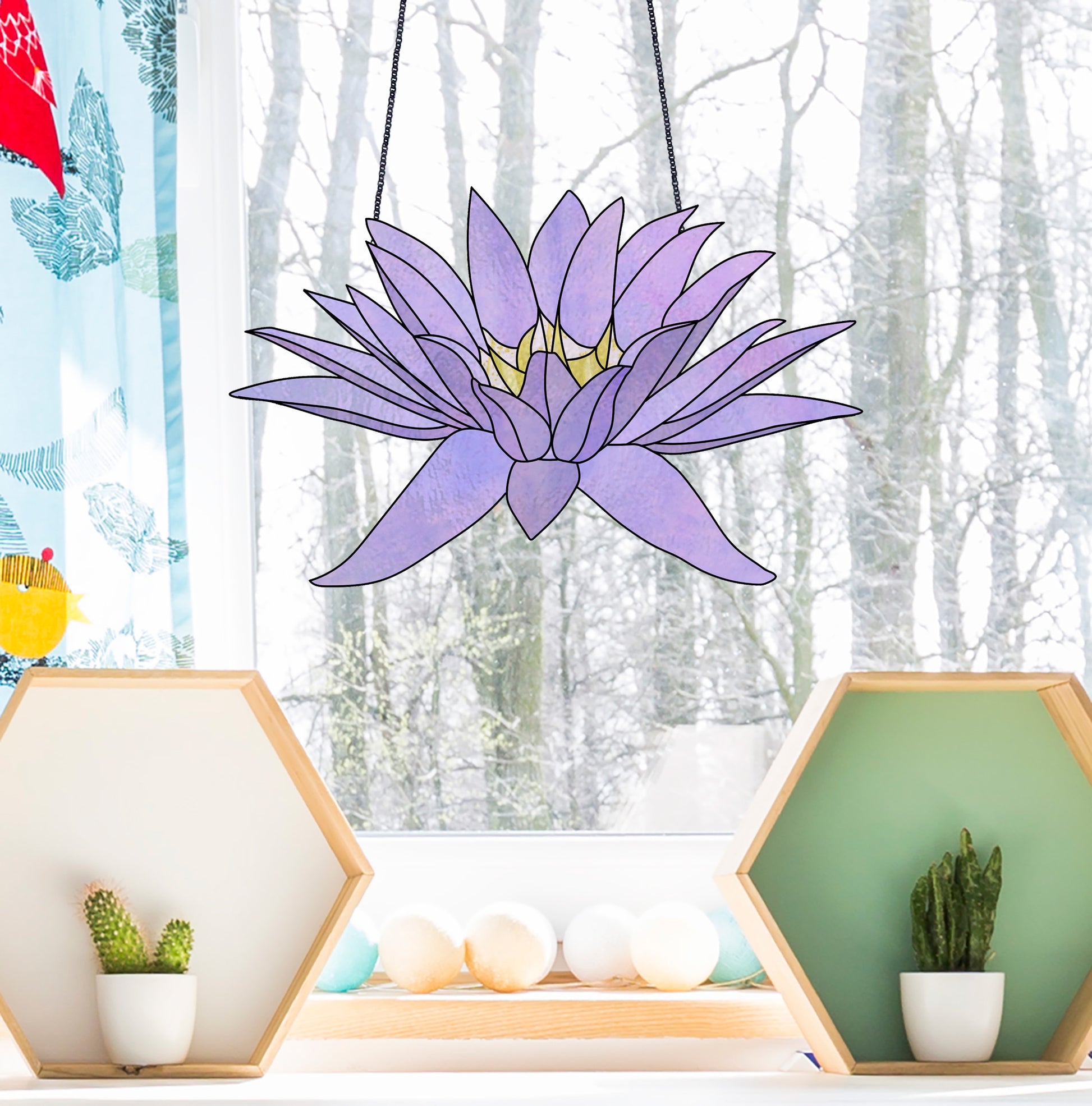 Stained glass pattern for a giant purple water lily flower, instant PDF download, shown hanging in a window with snow in the background